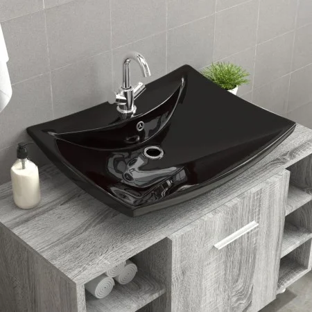 Rectangular ceramic sink with black faucet and drain hole. by vidaXL, Sinks - Ref: Foro24-140689, Price: 89,71 €, Discount: %