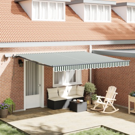 Toldo Retráctil Manual con LED Verde y Blanco 400x300 cm, Tela de Repuesto para Toldo de 4x3 m Verde y Blanco by , Awnings - ...