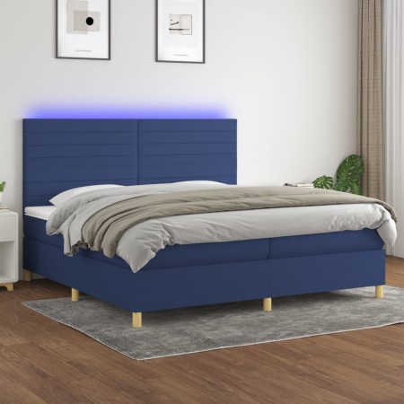 Cama box spring colchón y luces LED tela azul 200x200 cm