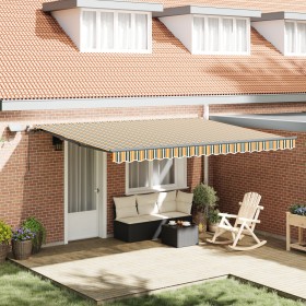 Toldo manual retráctil con LED verde y amarillo 450x350 cm, Tela de repuesto para toldo de 4.5x3.5 m marco verde y amarillo b...