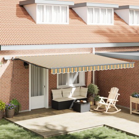 Toldo manual retráctil con LED verde y amarillo 450x350 cm, Tela de repuesto para toldo de 4.5x3.5 m marco verde y amarillo b...