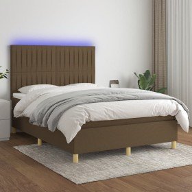 Cama box spring colchón luces LED tela marrón oscuro 140x190 cm en Camas y somieres | Comprar online en Foro24