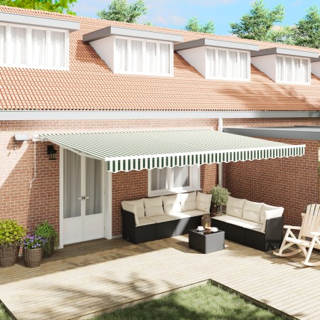 Toldo Manual Retráctil con LED Verde y Blanco 500x350 cm, Tela de Repuesto para Toldo de 5x3.5 m Verde y Blanco by , Awnings ...