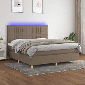 Cama box spring colchón y luces LED tela gris taupe 160x200 cm