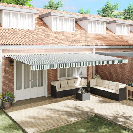 Automatic Retractable Awning Green and White 600x300 cm, Replacement Fabric for 6x3 m Green and White Awning by , Awnings - R...