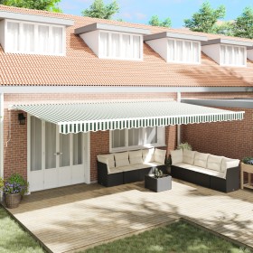 Manual Retractable Awning Green and White 600x350 cm, Replacement fabric for 6x3.5 m awning in green and white by , Awnings -...