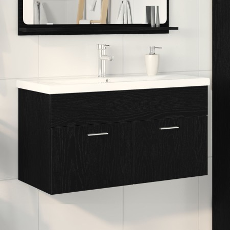 Waschbeckenschrank im Badezimmer mit integriertem Waschbecken Schwarze Eiche Bearbeitetes Holz von , Badezimmermöbel - Ref: F...