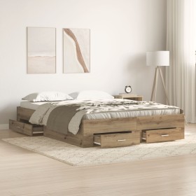 Bed with drawers engineered wood artisan oak 135x190 cm by , Beds and slatted bases - Ref: Foro24-3333976, Price: 195,11 €, D...