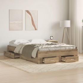 Bed with drawers engineered oak artisan 120x190 cm by , Beds and slatted bases - Ref: Foro24-3333979, Price: 188,31 €, Discou...