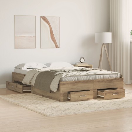 Bed with drawers engineered oak artisan 120x190 cm by , Beds and slatted bases - Ref: Foro24-3333979, Price: 188,31 €, Discou...