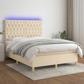 Cama box spring colchón y luces LED tela crema 140x200 cm Cama box spring colchón y luces LED tela crema 140x200 cm