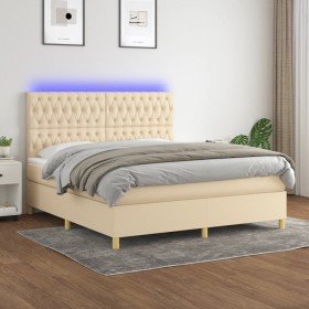 Cama box spring colchón y luces LED tela crema 160x200 cm Cama box spring colchón y luces LED tela crema 160x200 cm