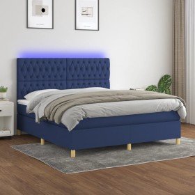 Cama box spring colchón y luces LED tela azul 160x200 cm Cama box spring colchón y luces LED tela azul 160x200 cm