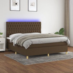 Cama box spring colchón luces LED tela marrón oscuro 180x200cm