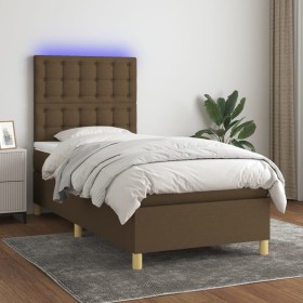 Cama box spring colchón luces LED tela marrón oscuro 100x200cm en Camas y somieres | Comprar online en Foro24