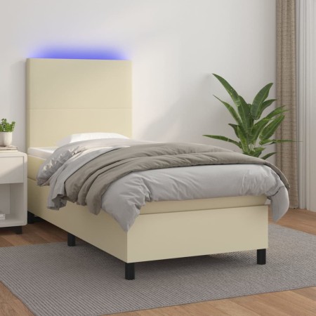 Cama box spring colchón y LED cuero sintético crema 100x200 cm