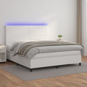 Cama box spring colchón y LED cuero sintético blanco 160x200 cm en Camas y somieres | Comprar online en Foro24