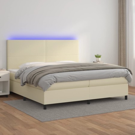 Cama box spring colchón y LED cuero sintético crema 200x200 cm