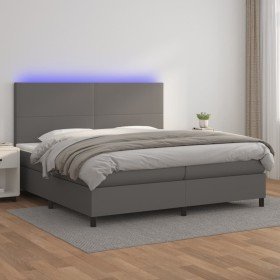 Cama box spring colchón y LED cuero sintético gris 200x200 cm Cama box spring colchón y LED cuero sintético gris 200x200 cm