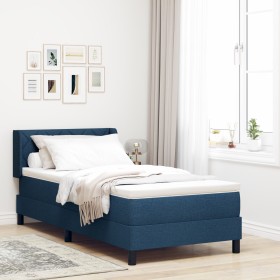Cama con Box Spring y Colchón Azul 90x200 cm de Tela, Cabecero con diseño de bloques de diamante azul de 90 cm de tela de , C...