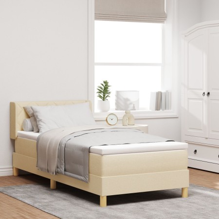 Cama con somier con colchón crema 90x190 cm tela, Cabecero diseño de bloques de diamante crema 90 cm tela by , Beds and slatt...