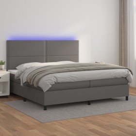 Cama box spring colchón y LED cuero sintético gris 200x200 cm Cama box spring colchón y LED cuero sintético gris 200x200 cm
