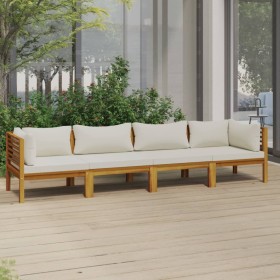 Sofá de jardín de 4 plazas con cojín crema madera de acacia