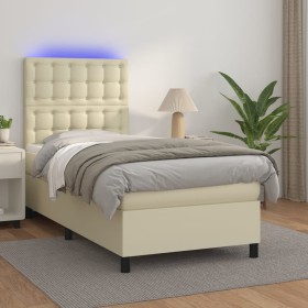 Cama box spring colchón y LED cuero sintético crema 100x200 cm