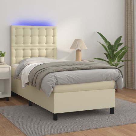 Cama box spring colchón y LED cuero sintético crema 100x200 cm
