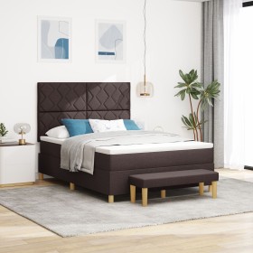 Cama de muelles con colchón y banco Marrón oscuro