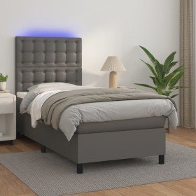 Cama box spring colchón y LED cuero sintético gris 100x200 cm Cama box spring colchón y LED cuero sintético gris 100x200 cm