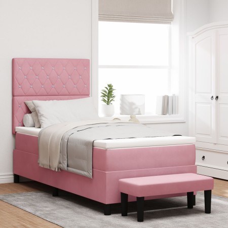 Cama con box spring con colchón y banco rosa 90x190 cm de terciopelo von , Betten und Lattenroste - Ref: Foro24-3344419, Prei...
