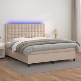 Cama box spring colchón LED cuero sintético capuchino 160x200cm