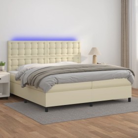 Cama box spring colchón y LED cuero sintético crema 200x200 cm