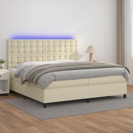 Cama box spring colchón y LED cuero sintético crema 200x200 cm