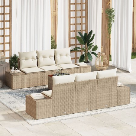 Conjunto de sofá de jardín de 7 piezas con cojines Beige Ratán Poliéster Acacia | Foro24.es | Tu tienda online para hogar, jardín y más Foro24.es