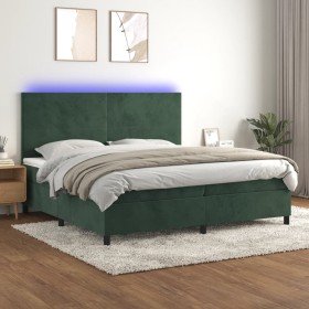 Cama box spring colchón y LED terciopelo verde oscuro 200x200cm Cama box spring colchón y LED terciopelo verde oscuro 200x200cm