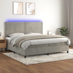 Cama box spring colchón y LED terciopelo gris claro 200x200 cm Cama box spring colchón y LED terciopelo gris claro 200x200 cm