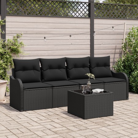 Conjunto de Sofás de Jardín de 5 Piezas con Cojines de Ratán Negro, Sofá de Jardín de 2 Plazas con Almacenaje y Cojines by , ...