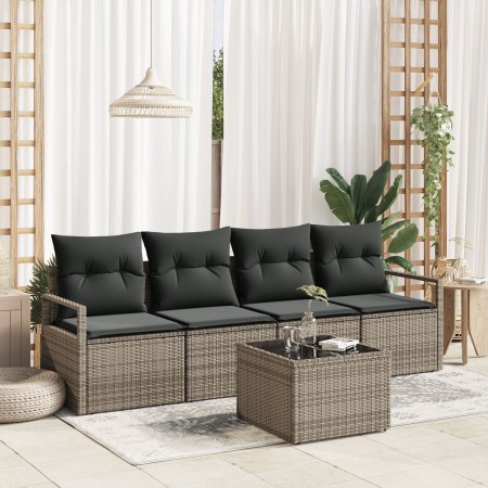 Conjunto Sofás Jardín 5 Piezas con Cojines Gris Poliratán, Sofá Jardín 2 Plazas con Almacenamiento y Cojines Gris Poliratán b...