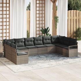 Set de Sofá de Jardín de 10 Piezas con Cojines Ratán Gris, Sofá de Jardín de 2 Plazas con Almacenamiento y Cojines Ratán Gris...