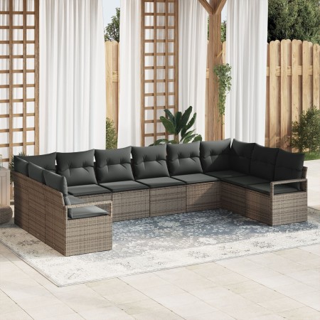 Set de Sofá de Jardín de 10 Piezas con Cojines Ratán Gris, Sofá de Jardín de 2 Plazas con Almacenamiento y Cojines Ratán Gris...