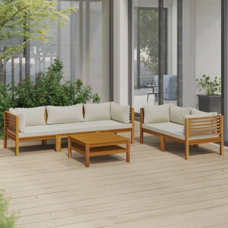 Muebles de jardín 6 pzas cojines crema madera maciza de acacia