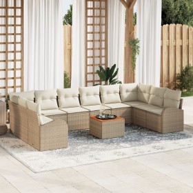 Conjunto de Sofás de Jardín de 11 Piezas con Cojines Beige, Sofá de Jardín de 2 Asientos con Almacenamiento y Cojines Beige d...