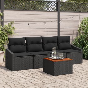 Juego de Sofá de Jardín de 5 Piezas con Cojines, Negro, Poliratán, Acacia by , Outdoor sofas - Ref: Foro24-3356434, Price: 33...