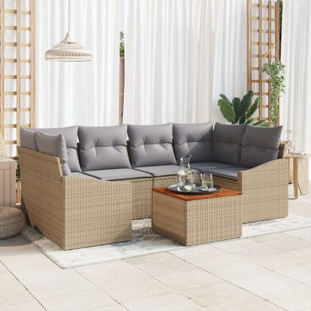 Juego de Sofás de Jardín de 7 Piezas con Cojines Beige Ratán Poliéster Acacia | Foro24.es | Tu tienda online para hogar, jardín y más Foro24.es