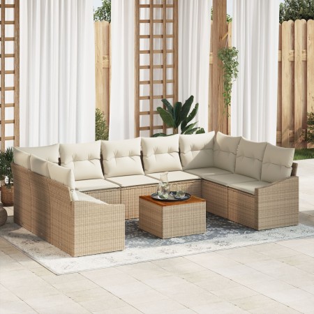 Juego de Sofás de Jardín de 10 Piezas con Cojines Beige Poliratán Acacia von , Outdoor-Sofas - Ref: Foro24-3356545, Preis: 72...