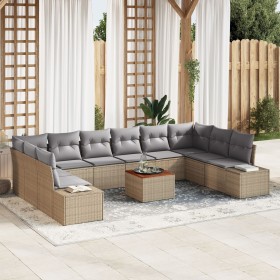 Conjunto de Sofá de Jardín de 11 Piezas con Cojines Beige Ratán Poliéster Acacia de , Sofás de exterior - Ref: Foro24-3356677...