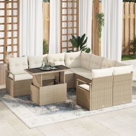 Juego de Sofá de Jardín de 9 Piezas con Cojines Beige de Ratán, Sofá de Jardín de 2 Plazas con Almacenamiento y Cojines Beige...