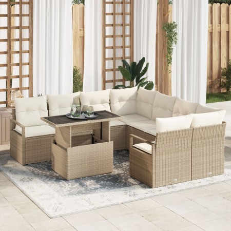 Juego de Sofá de Jardín de 9 Piezas con Cojines Beige de Ratán, Sofá de Jardín de 2 Plazas con Almacenamiento y Cojines Beige...
